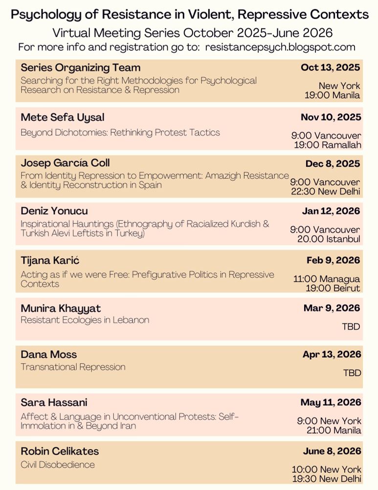 The image contains the schedule of the planned events for the Psychology of Resistance Network. The schedule can be found online: https://resistancepsych.blogspot.com/p/schedule.html