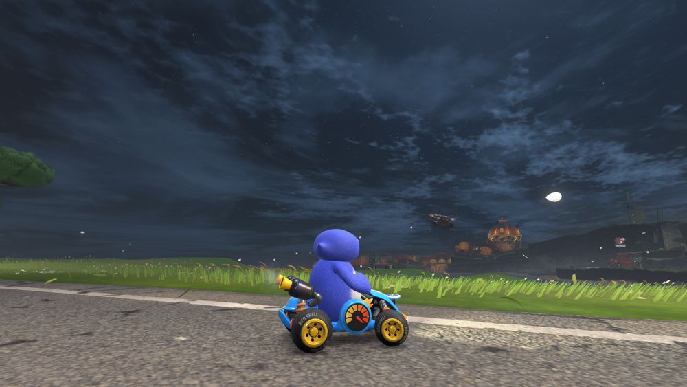 mk world screenshot. penguin stares into the night sky.