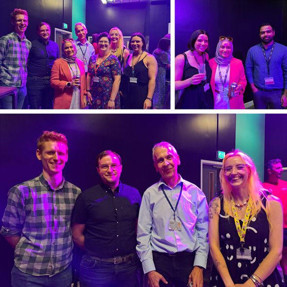 A collage of three photos taken at a staff event. The top left image shows a group of diverse colleagues smiling and posing together in a room with purple and green lighting. The top right image features two women standing closely together, smiling, with a man standing slightly behind them. The bottom image shows four individuals standing side-by-side, smiling at the camera, with purple lighting illuminating the background.
