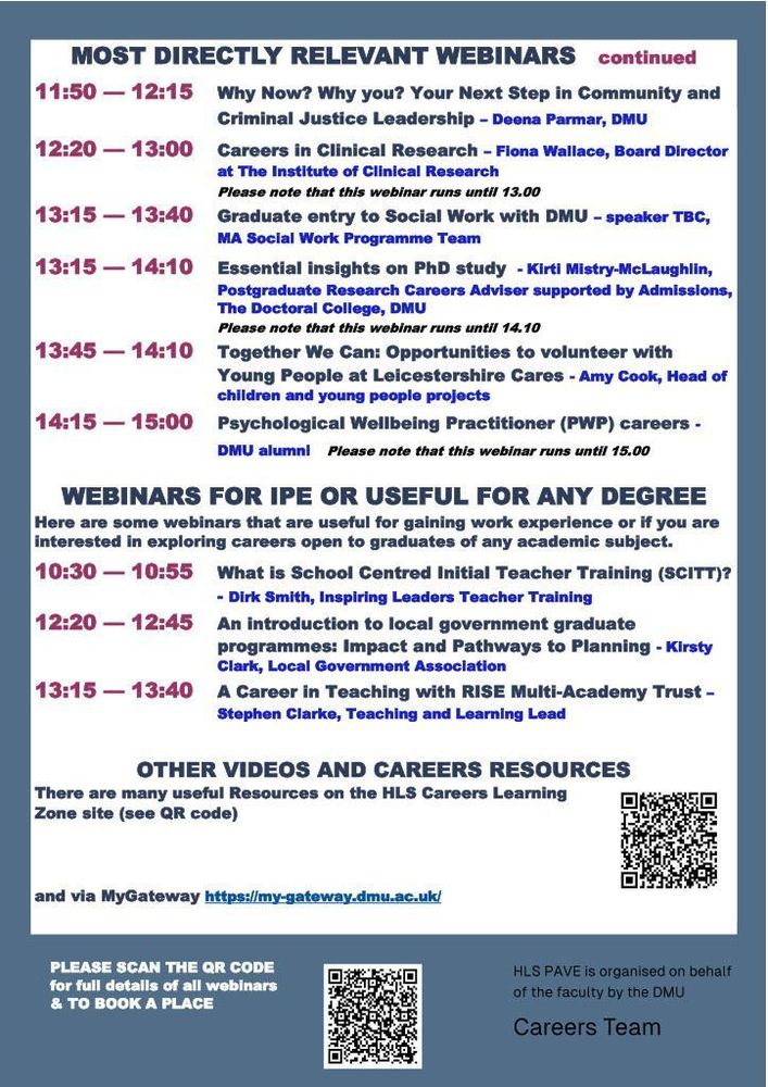 A list of the continued "MOST DIRECTLY RELEVANT WEBINARS" for the PAVE conference Day 2, including topics like "Why Now? Why you? Your Next Step in Community and Criminal Justice Leadership" (11:50 – 12:15) and "Psychological Wellbeing Practitioner (PWP) careers" (14:15 – 15:00). A section for "WEBINARS FOR IPE OR USEFUL FOR ANY DEGREE" is also listed with topics such as "What is School Centred Initial Teacher Training (SCITT)?" (10:30 – 10:55) and "A Career in Teaching with RISE Multi-Academy Trust" (13:15 – 13:40).