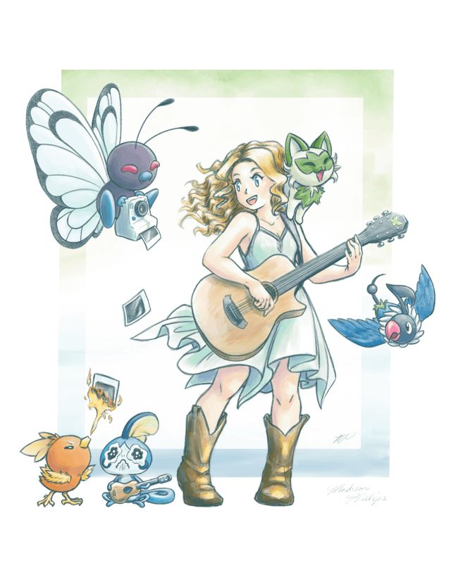 DEBUT TAYLOR .:;

posed with a guitar and a butterfree, torchic, Sobble, Sprigatito, and chatot 