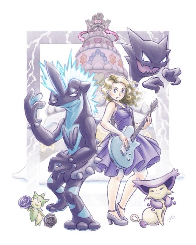 SPEAK NOW TAYLOR .:;

Wearing a purple dress and posed with a guitar, she leans against low-key toxicrity, poses with delcatty and roselina. An alcremie and gastly are in the background