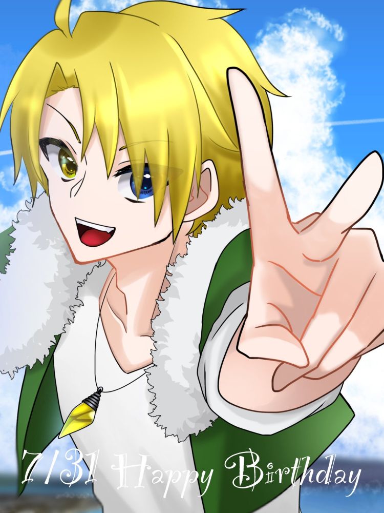 入道雲を背景に、こちらに向かって元気よくピースをしているジル=コンツ・アイト。可愛い。作者はかっこよく描けたと自負している。下に白文字で7月31日HappyBirthdayと書かれている。