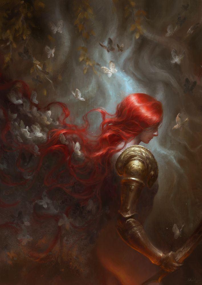 A painting of Malenia, a character from Elden Ring. We see her in side profile, from the thighs up. She has bright red hair which flows into wings of butterflies, and she wields a sword with her golden prosthetic arm.