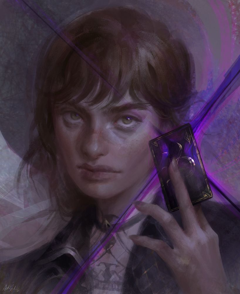 A painted portrait of Sciel from Expedition 33. She's staring into the camera and holding up a black tarot card with her left hand.