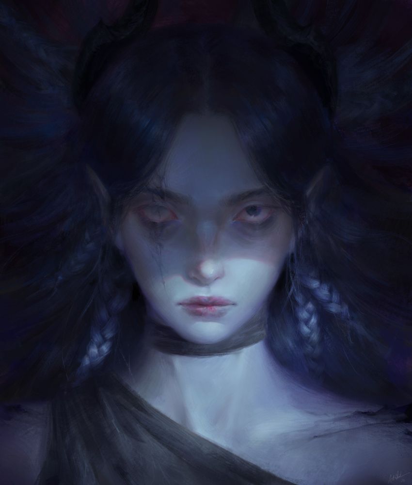 A fantasy portrait of a woman staring into the camera. It's the same as the first image, but in this one the headress is gone, revealing a crack going through her right eye.