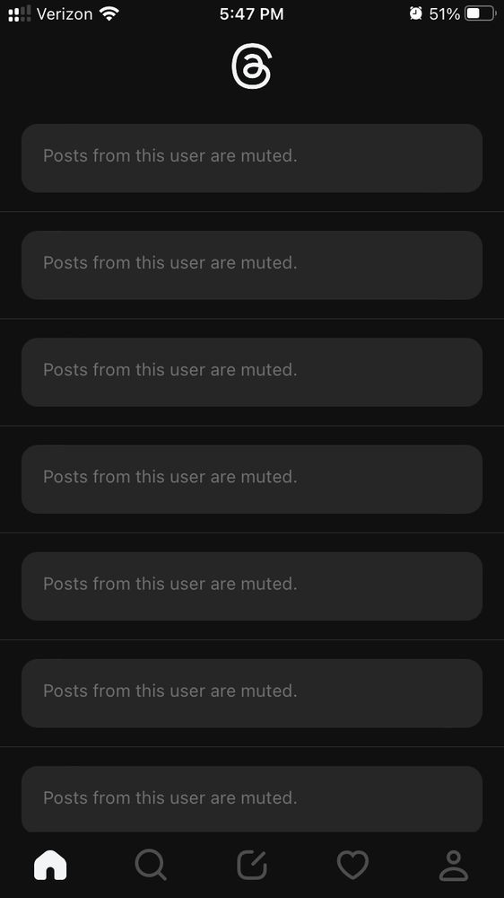Entire mobile screen of Threads app filled with “Posts from this user are muted.”