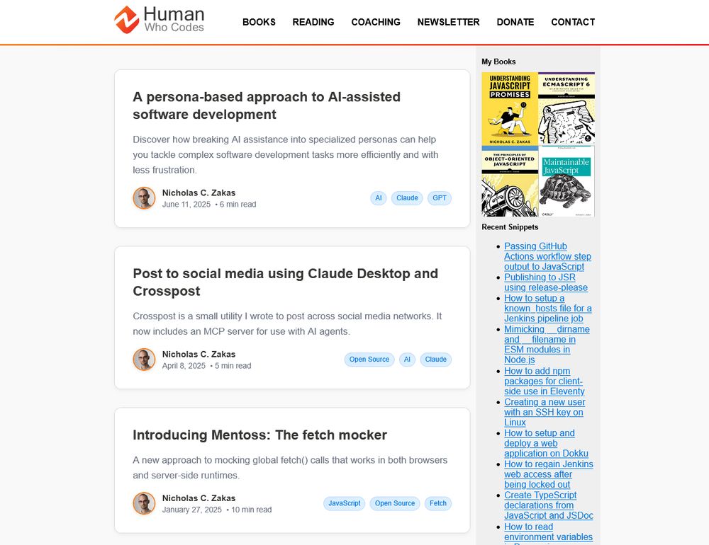 After: Updated view of the Human Who Codes website showing the same layout but now displaying individual blog post cards in a more detailed format. Each post card shows the full title, description, author photo of Nicholas C. Zakas, publication date, estimated reading time, and topic tags. The first post about AI-assisted software development shows tags for 'AI', 'Claude', and 'GPT'. The second post about Crosspost shows tags for 'Open Source', 'AI', and 'Claude'. The third post about Mentoss shows tags for 'JavaScript', 'Open Source', and 'Fetch'. The sidebar content remains the same with book covers and recent snippets