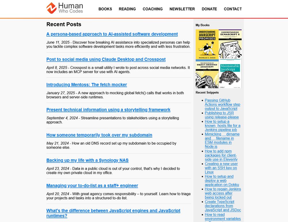 Before: Screenshot of the Human Who Codes website homepage showing the main navigation menu (Books, Reading, Coaching, Newsletter, Donate, Contact) and a Recent Posts section with blog post titles and excerpts including 'A persona-based approach to AI-assisted software development', 'Post to social media using Claude Desktop and Crosspost', 'Introducing Mentoss: The fetch mocker', and others. The right sidebar displays book covers for JavaScript titles and a Recent Snippets section with links to various technical tutorials.