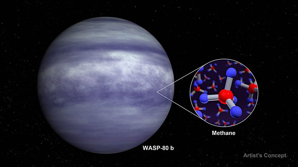 Artist's conception of a planet orbiting a star with catalog name WASP 80, in whose atmosphere astronomers have discovered the presence of the molecule methane. On Earth, much of our methane is produced by the action of living things.