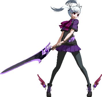 Nanase from Under Night in her “Winter Nacht” palette, she wears dark greys and purple and has white hair.