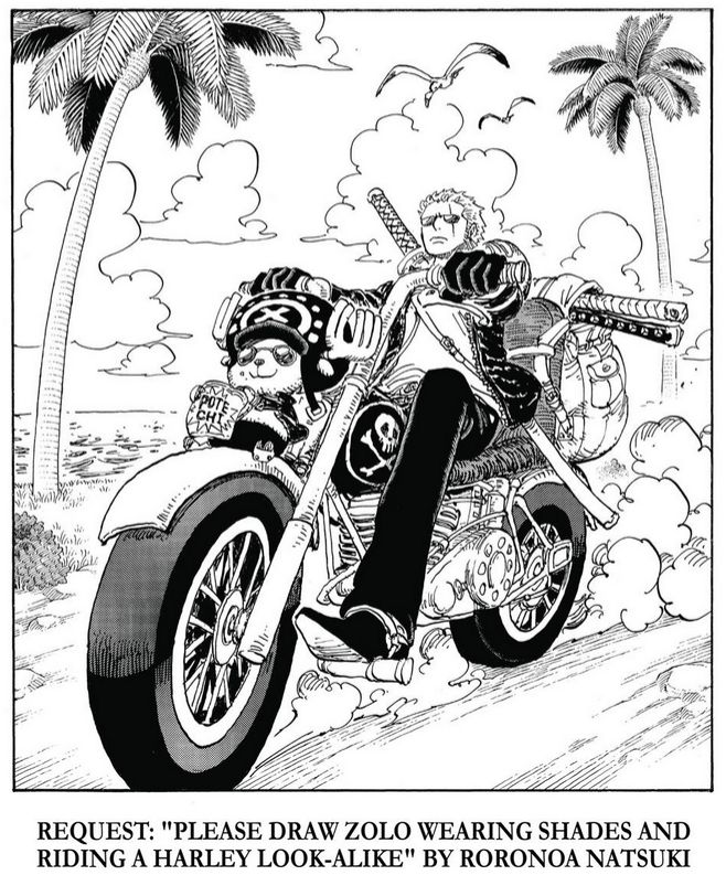 A One Piece chapter cover, showing "Zoro wearing shades and riding a Harley look-alike" with Chopper sitting on the front of the bike.