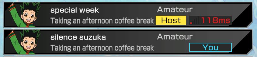 A screenshot of Hunter x Hunter: Nen Impact. Two players are in the online lobby, named "special week" and "silence suzuka" respectively.