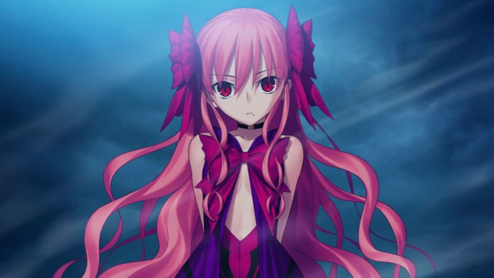 Dead Apostle Noel from Tsukihime Remake. She has a slight frown on her face with a tilted head, with her atop a cloudy background