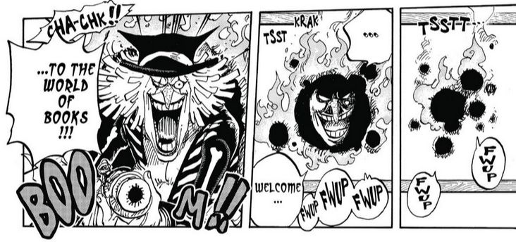 Three panels from One Piece. Bullet holes slowly widen to show a man's face, then his body, as he says "Welcome... to the world of books!"