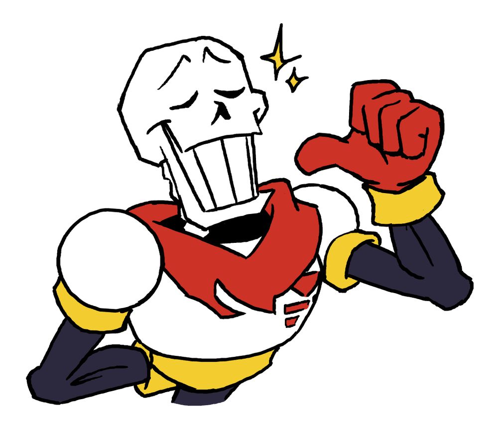 drawing of Papyrus from Undertale, he has his chest puffed out and his head held high, with his hand pointing back at himself, his face full of pride