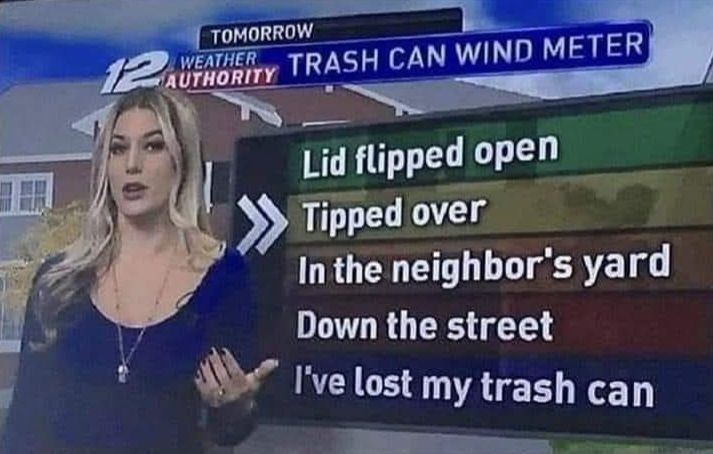Old screenshot of a TV weather slot with the announcer showing a "Trash can wind meter"
It has:
"Lid flipped open
Tipped over [current]
In the neighbor's yard
Down the street
I've lost my trash can"