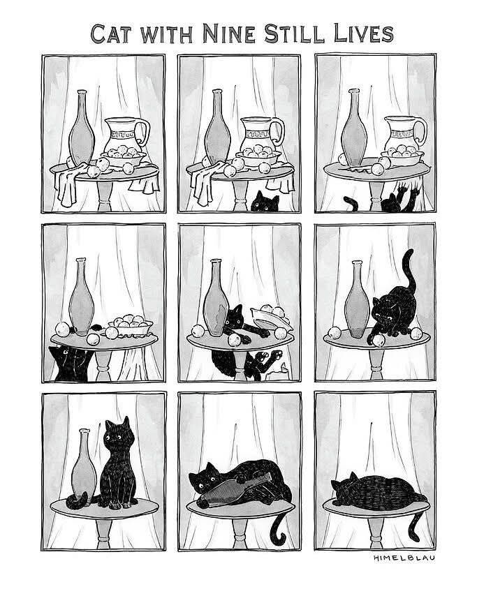 Cartoon for the New Yorker by Ed Himelblau, entitled "Cat With Nine Still Lives"
It's a series of nine panels, starting with a traditional still life image of a basket of fruit, carafe, wine bottle and cloths on a table. A black cat appears and starts pulling the cloths - making items fall. It eventually clambers onto the table and knocks off the remaining items. In the final panel, the cat is sleeping on the cleared table.