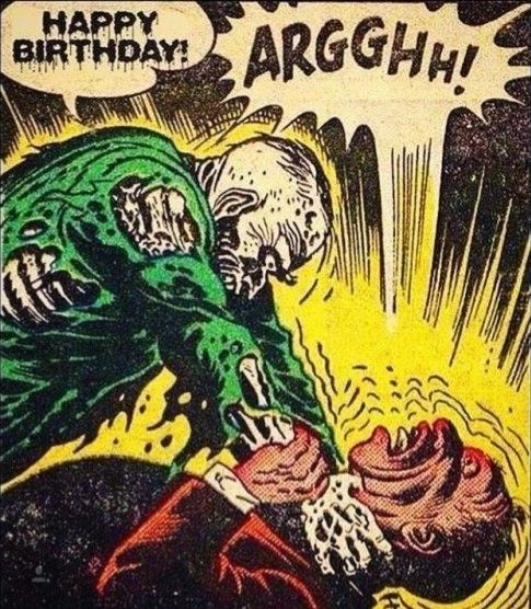 Vintage comicbook panel showing a skeleton in a torn green shirt throttling a well-heeled man while wishing him happy birthday 