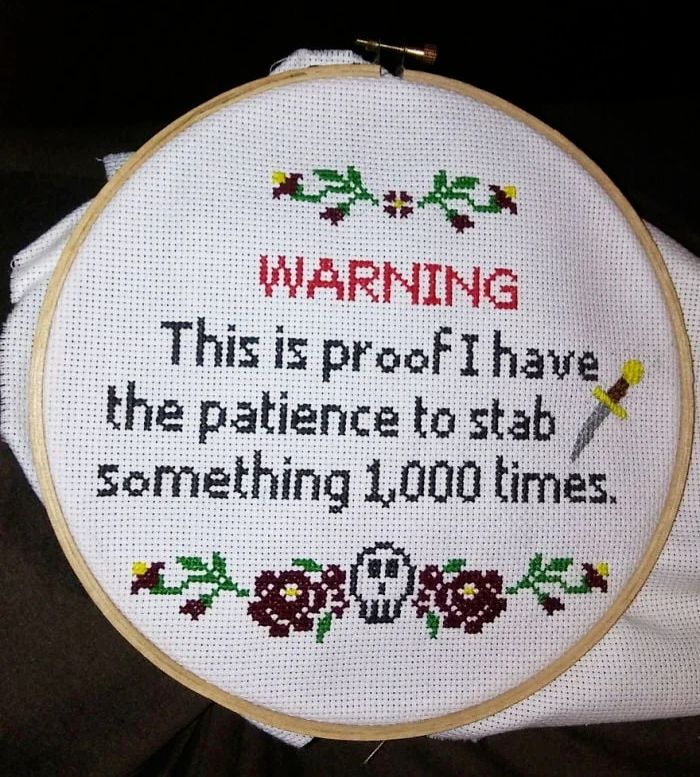 Cross-stitch embroidery ring,  with a few flowers, a knife  a skull, and the words:
"Warning
This is proof I have
the patience to stab
something 1,000 times."