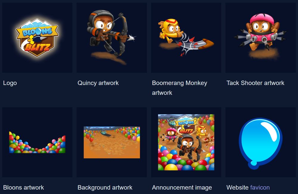 Wiki gallery of the game's artwork. From left to right, top to bottom: logo, Quincy, Boomerang Monkey, Tack Shooter, a group of Bloons, the background, the announcement image, and the website favicon.