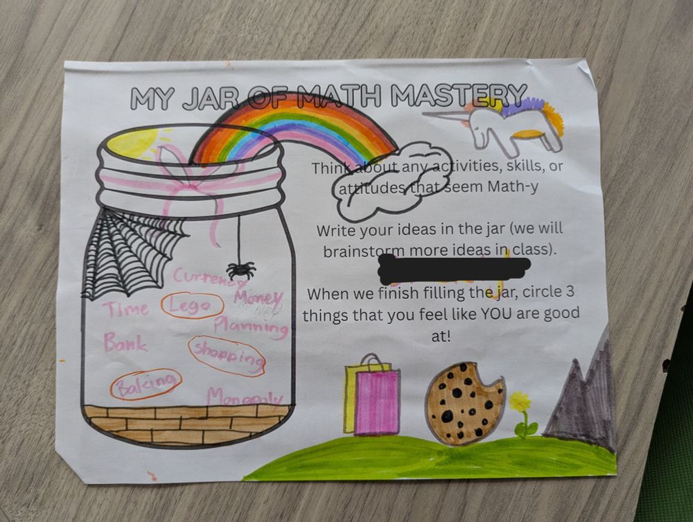 A student sheet titled "My Jar of Math Master". The jar is filled with examples of activities that "feel like" Math, including Lego, Time, Monopoly, and Planning. The sheet has been decorated with marker drawings of ribbons, a spider and its web, a rainbow, a unicorn, shopping bags, a cookie, and a flower.