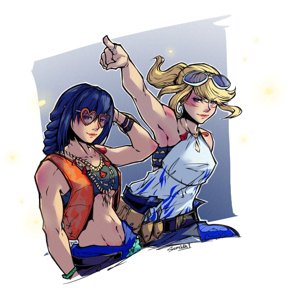 A pair of hunters posing for the camera. Both are wearing summery outfits and sunglasses.