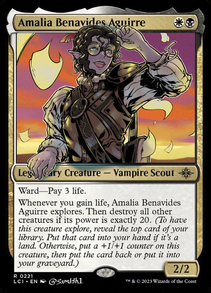 Amalia lit from behind by a sunset looking into the distance while pages of paper are carried away from her by the wind