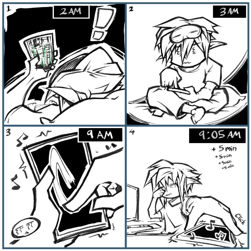 4 panel comic of my phone's screen suddenly breaking. Me trying to fix it and later on being rudely awakened by the phone's alarm. Having no way to turn the alarm off since the screen is not working, I had to delay the alarm every 5 minutes when it goes off again.