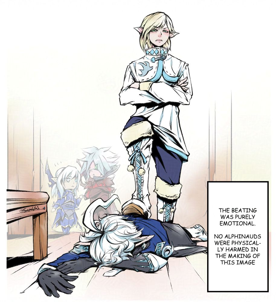 Rielle angrily stepping over a defeated Alphinaud while Estinien and Sidurgu chat in the background.
The beating was purely an emotional one though.