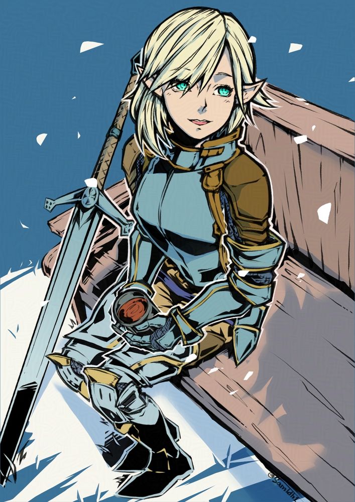 Rielle dressed in metal armour holding a cup with her greatsword by her side.
Sitting on a bench with the shadow of Sidurgu approaching her.