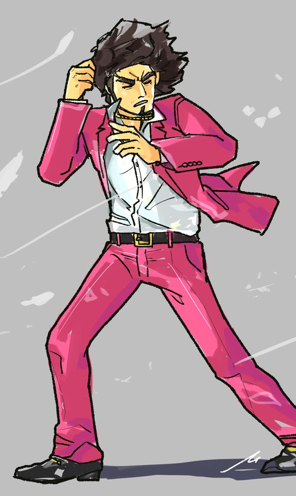 イラスト。
歩いていたところに正面から強い風が吹き、手で風を凌いでいる春日一番。