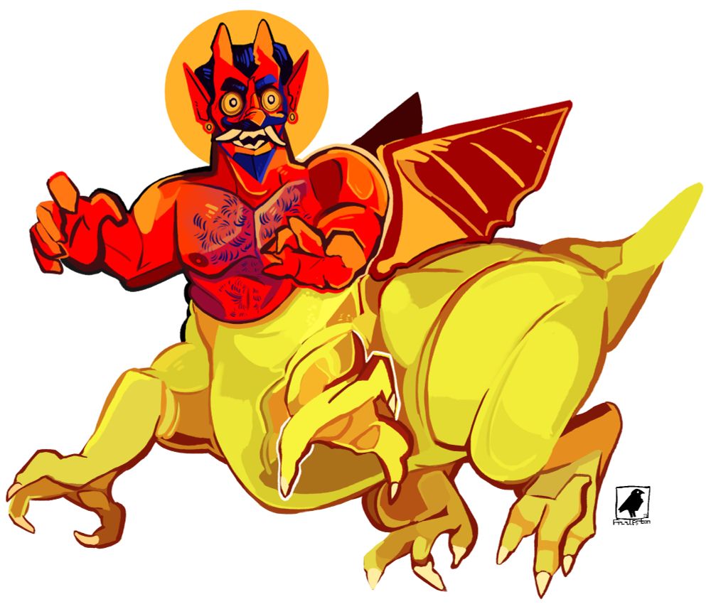 A devil dragon centaur, the top half is a devil with pointy teeth, and the lower half is a tiny dragon with four legs. 