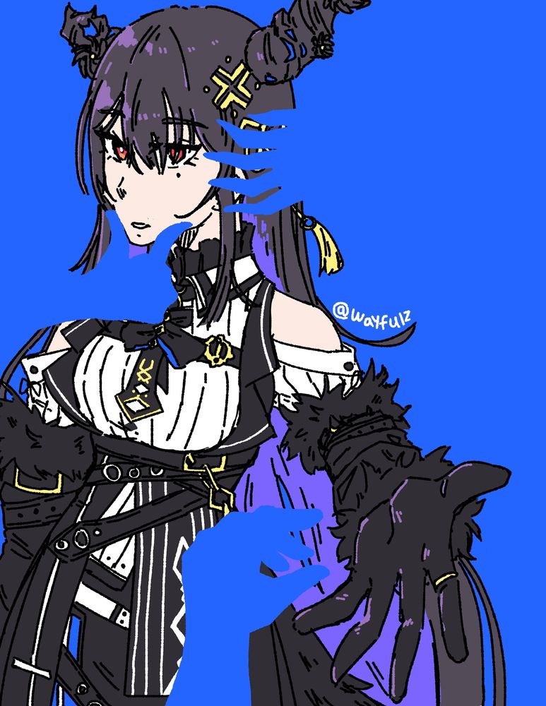 Drawing of Nerissa Ravencroft from Hololive English Advent reaching her left hand towards the viewer. There are three, blue, disembodied hands: one reaching to grab Nerissa's hand, one pinching her chin, and one coming from her left to touch her face.