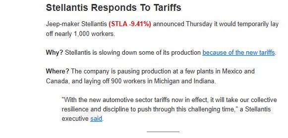 Stellantis Responds to Tariffs with 900 American workers being laid off. Hat-tip to MarketBriefs for this.