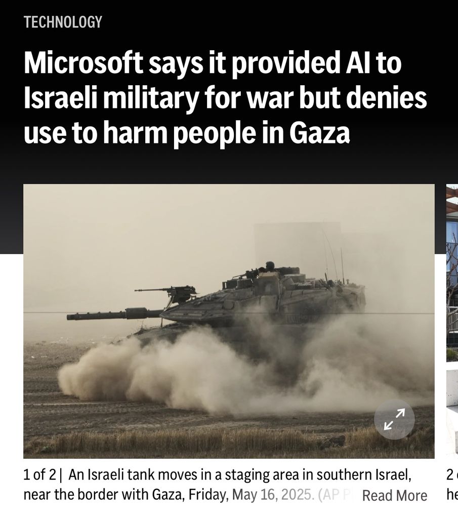 AP article headline discussing Microsoft providing AI to Israel “for war but not to harm people in Gaza” something totally normal and possible to achieve 