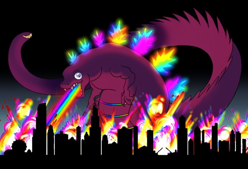 A derpy looking Godzilla whose spines and atomic breath are rainbow colors, absolutely leveling Chiaco, at the request of the commissioner