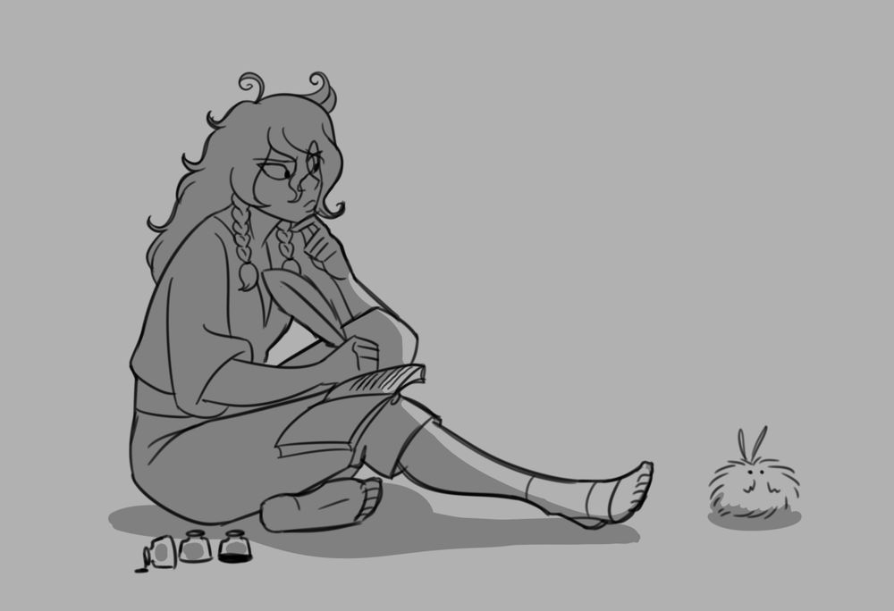 Young lady taking notes on a fuzzy... thing.