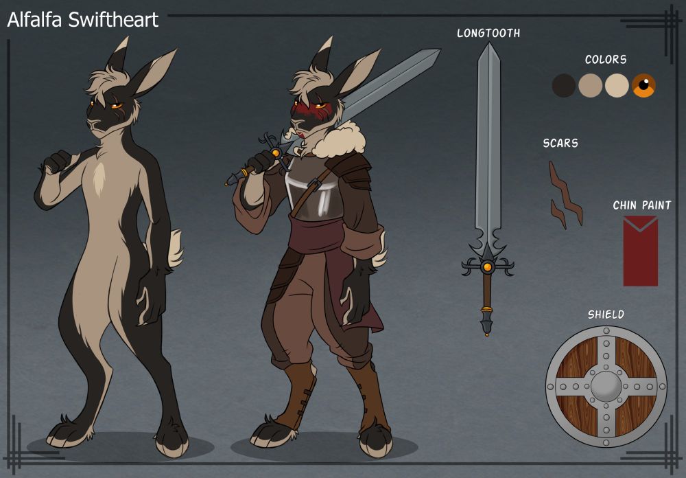 Black and tan rabbit anthro, named Alfalfa Swiftheart. Wears light armor and leathers, holds a shield, and a sword named Longtooth. Has two scars over their left eye, and wears red paint over their amber eyes and chin.