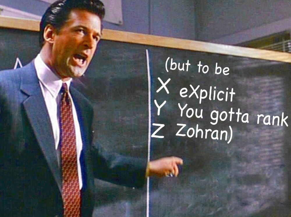 Alec Baldwin pointing to the other half of the chalkboard but the original text has been erased and it says "but to be explicit you gotta rank Zohran" - the x in explicit and the y in You are capitalized to force it into an x y z mnemonic)