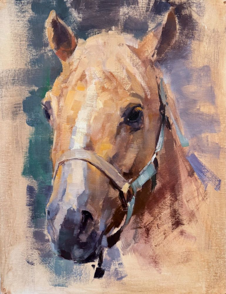 Two-hour portrait demonstration in oils of a tan horse by American artist Patrick Saunders for a painting workshop at Heartland Art Club in St. Louis