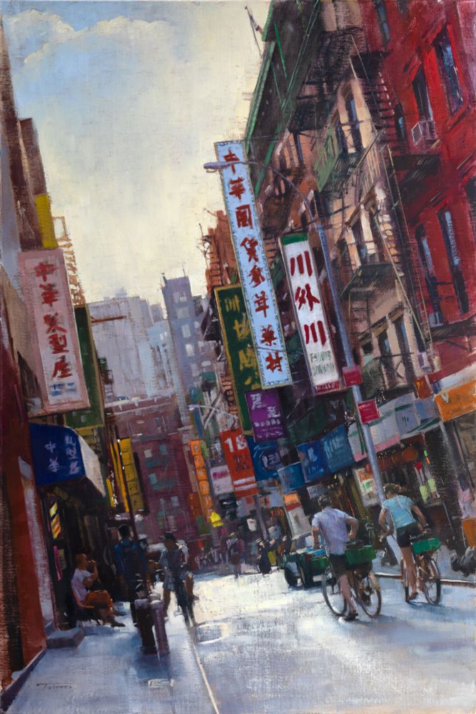 Cityscape painting in oils of Pell Street in Manhattan by American artist Patrick Saunders