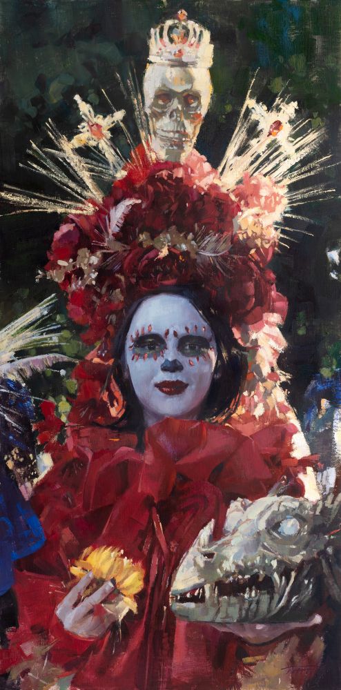 Portrait painting in oils of a woman in an elaborate red costume and face make up for a Day of the Dead parade in Dallas.