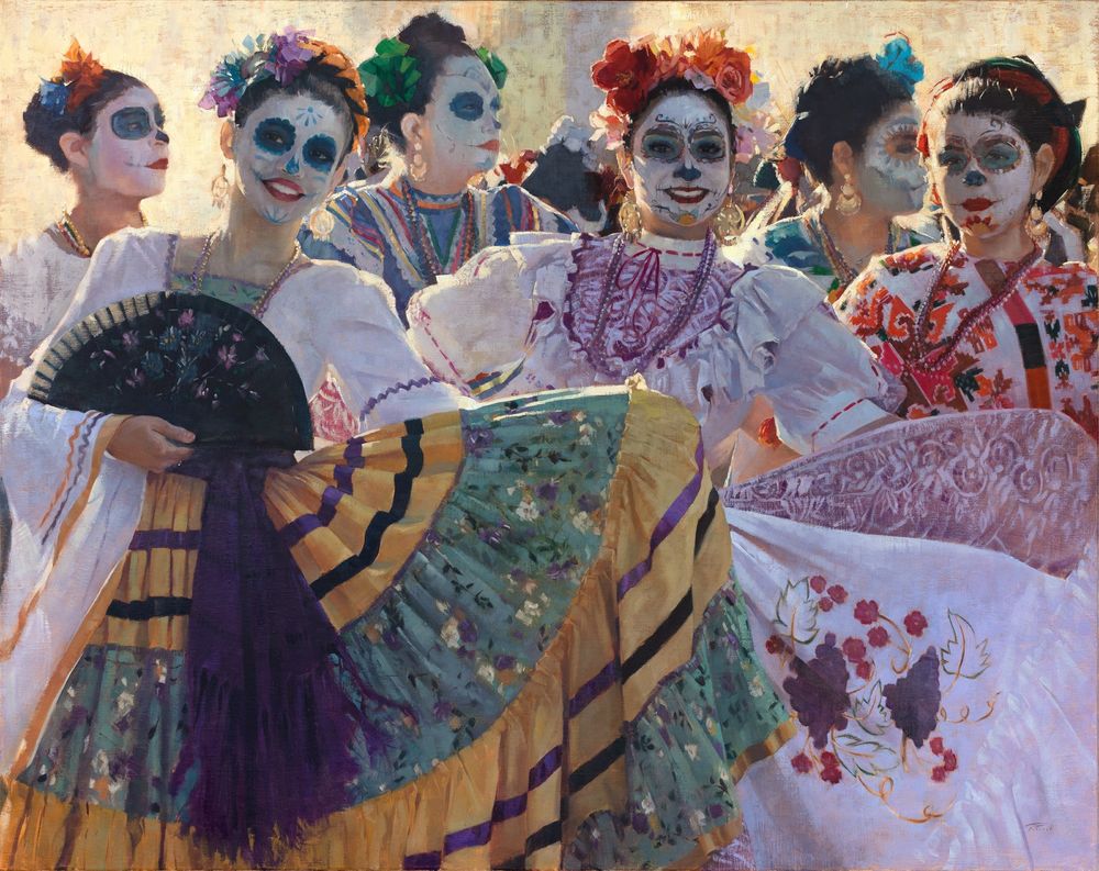 Portrait painting in oils of six Day of the Dead dancers in face make up and traditional folkorico costumes for a parade in Dallas, Texas by American artist Patrick Saunders