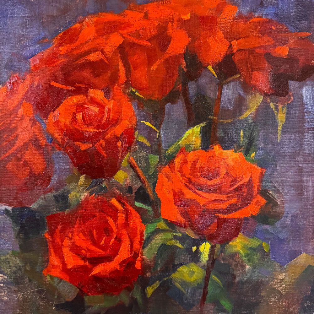 Floral demonstration in oils of red roses by American artist Patrick Saunders for a painting workshop at the Heartland Art Club in St. Louis.