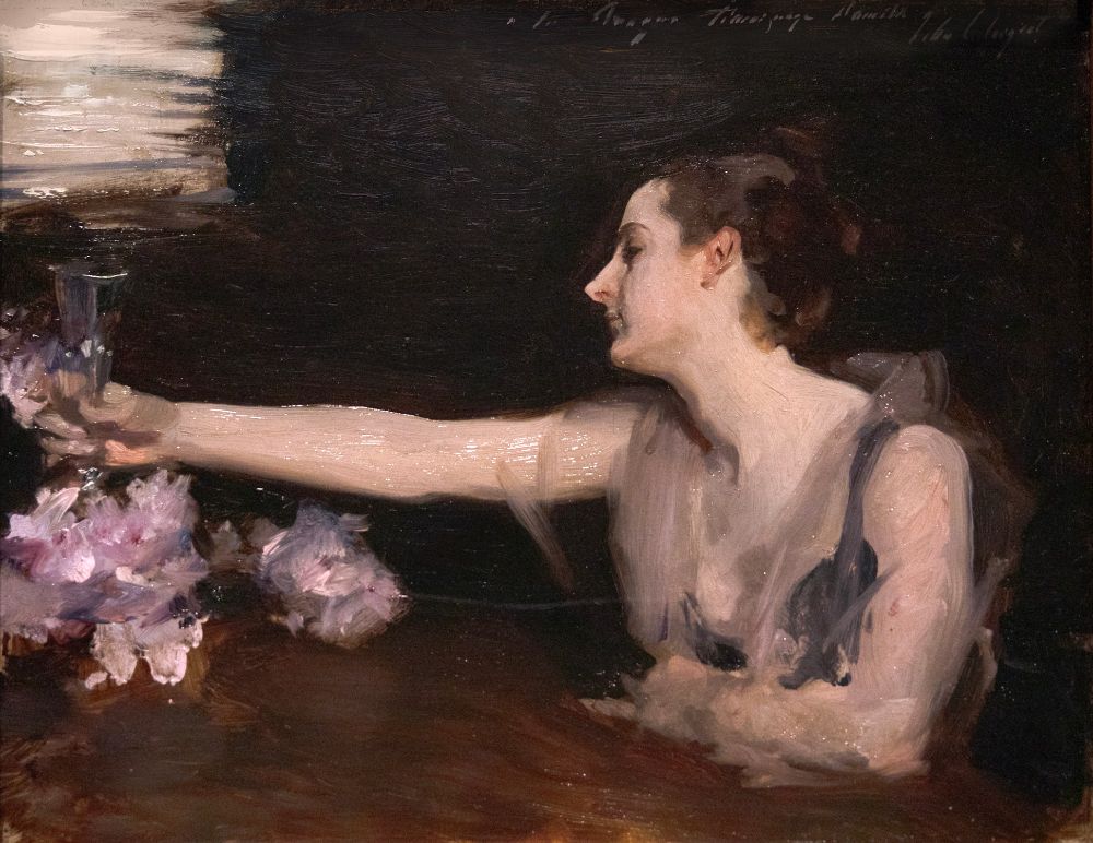Oil painting portrait study of Madame Gautreau holding out a wine glass as part of a toast by American artist John Singer Sargent, in preparation for his Madame X portrait