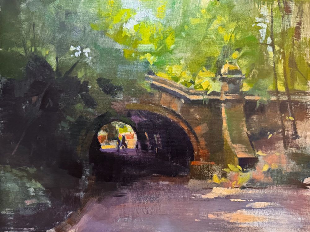 90-minute landscape study in oils of the Meadowport Arch in Prospect Park in Brooklyn by American artist Patrick Saunders for a painting workshop at the Heartland Art Club in St. Louis.