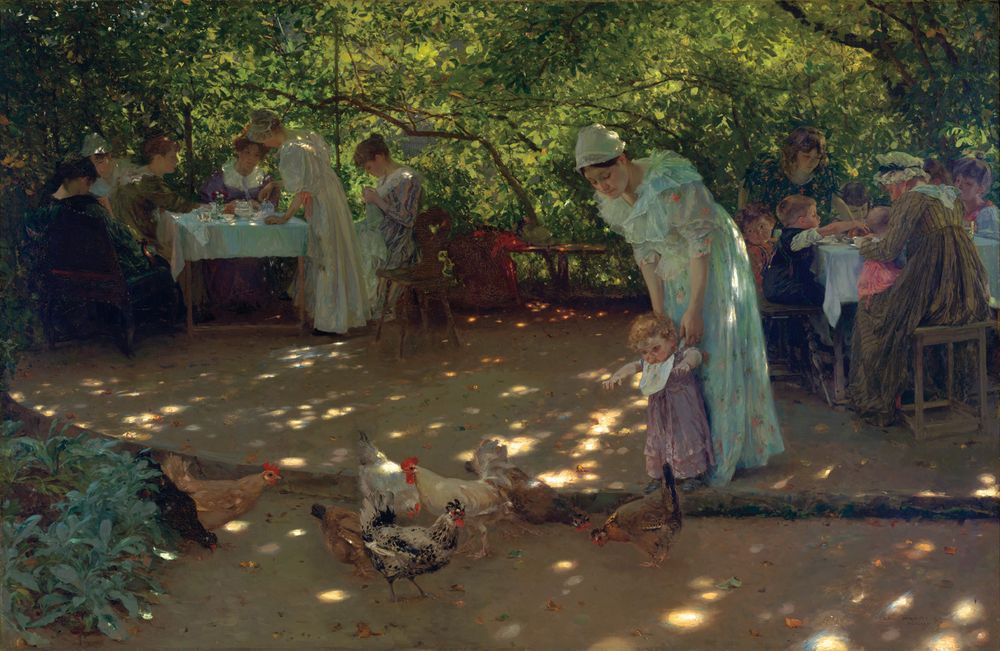 Oil painting of an outdoor picnic scene in dappled shade by American-born German artist Carl von Marr
