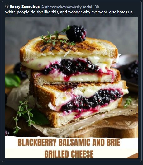 screenshot of a skeet that says "white people do shit like this, and wonder why everyone else hates us" over a picture of a blackberry balsamic and brie grilled cheese that looks absolutely delicious and is definitely not a reason to hate white people