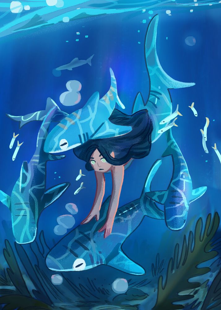Caribbean sharks under the ocean swim with a mermaid who has a similar tail as them. The mermaid's hands are placed on top of a shark below her. Bubbles float to the top.